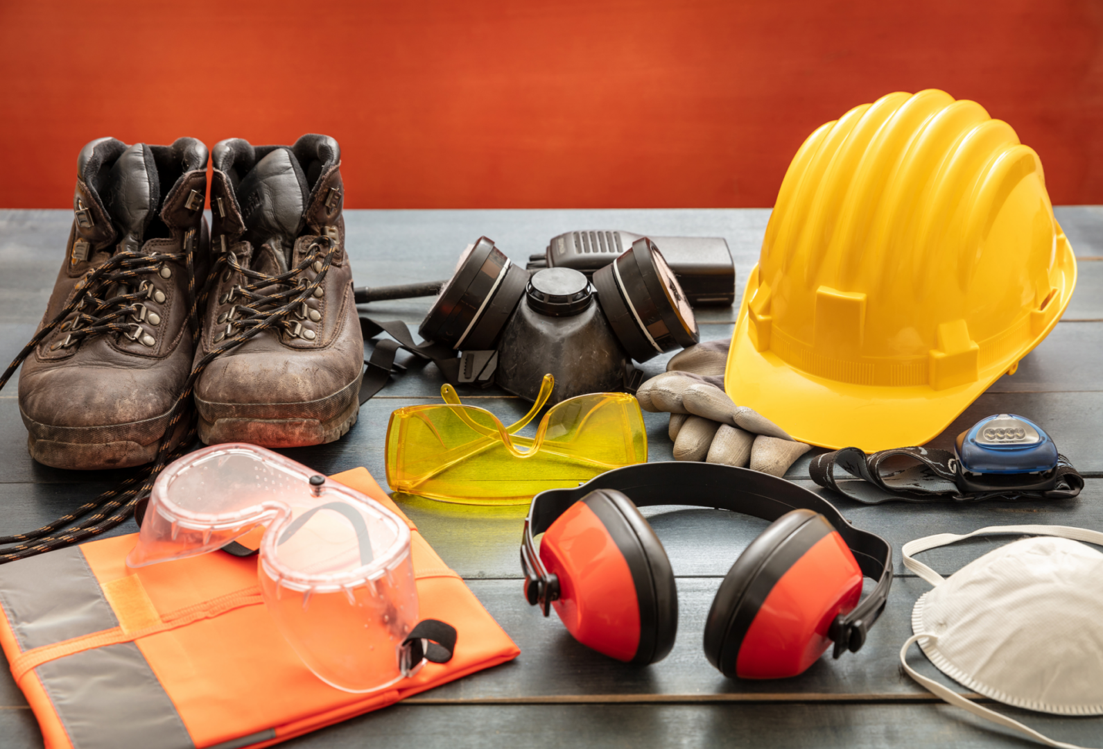 Construction safety gear on wooden table.